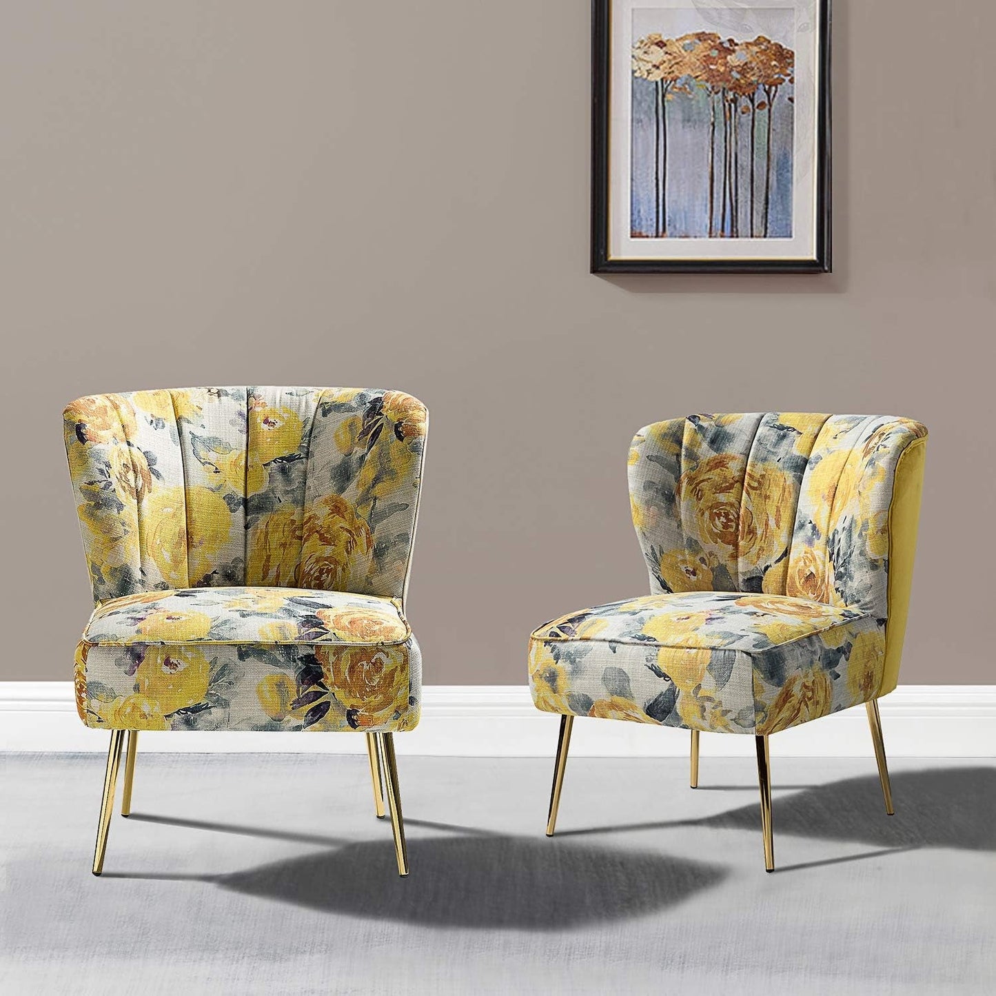 Accent Chair Set of 2 with Golden Legs, Comfy Floral Fabric Living Room Chair, Wingback Small Armless Side Chair, Upholstered Slipper Chair for Bedroom, Reading Room (Flower Print, YELLOW)