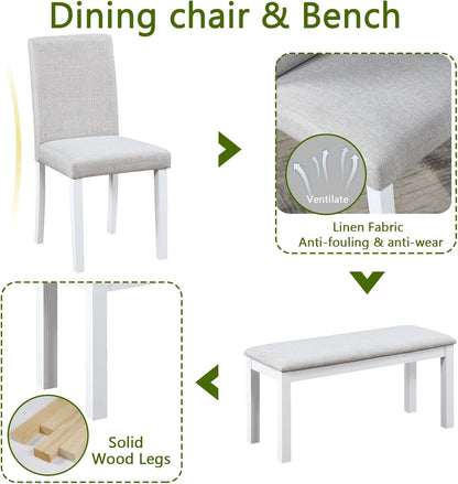 6 Piece Solid Wood Dining Set, Farmhouse Kitchen Table Set with 4 Upholstered Chairs & Bench for Kitchen, Dining Room, White