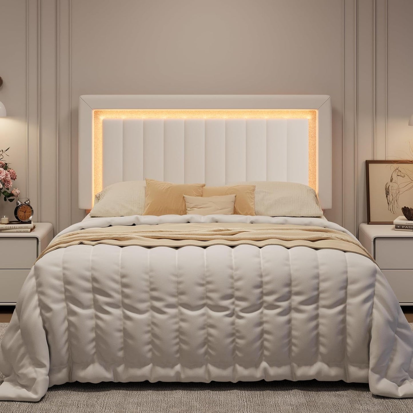 Queen Size Velvet Bed Frame with LED Light, Adjustable Vertical Channel Tufted Headboard, Strong Wooden Slats Support, Noise-Free, No Box Spring Needed, White