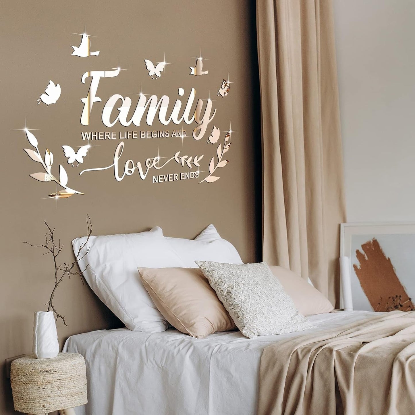 Mirror Family Wall Letter Quotes Decor 3D Acrylic Wall Decal Stickers DIY Removable Art Decals Motivational Butterfly Mural Stickers for Home Decor(Silver)