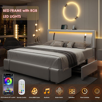 Queen Bed Frame with RGB LED Lights Headboard & 2 Storage Drawers, Modern Upholstered Faux Leather Smart Platform Iron Metal Decor, USB USB-C Charging Ports, No Box Spring Needed, White