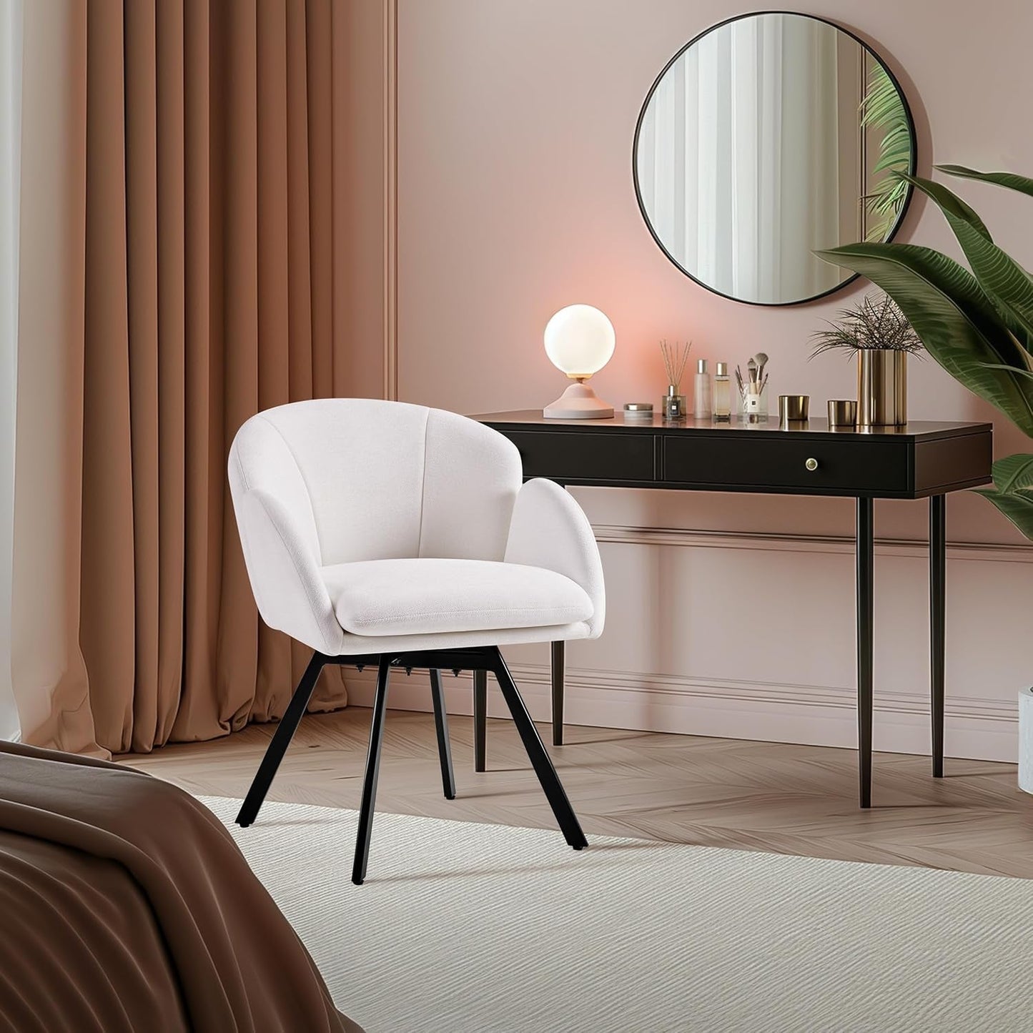 Swivel Accent Chair, Flower Chenille Armchair, Vanity Chair Side Chair with 360-Degree Swivel Base and Seat Cushion for Living Room/Bedroom/Home Office/Makeup, White
