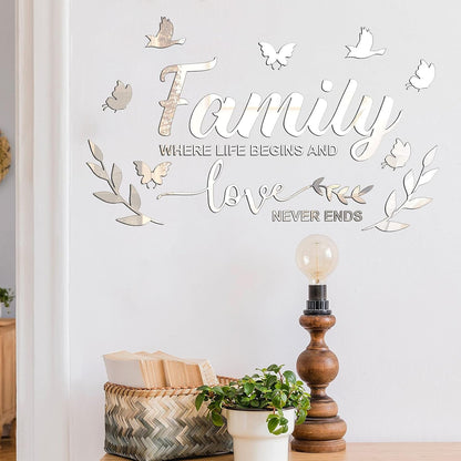 Mirror Family Wall Letter Quotes Decor 3D Acrylic Wall Decal Stickers DIY Removable Art Decals Motivational Butterfly Mural Stickers for Home Decor(Silver)
