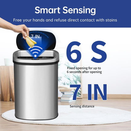 | 13 Gallon Trash Can with Lid | Automatic Touchless Garbage Can | Odor Control | Modern Oval Design | Easy to Clean | Stainless Steel | Fits Any Kitchen, Bathroom, Office or Home