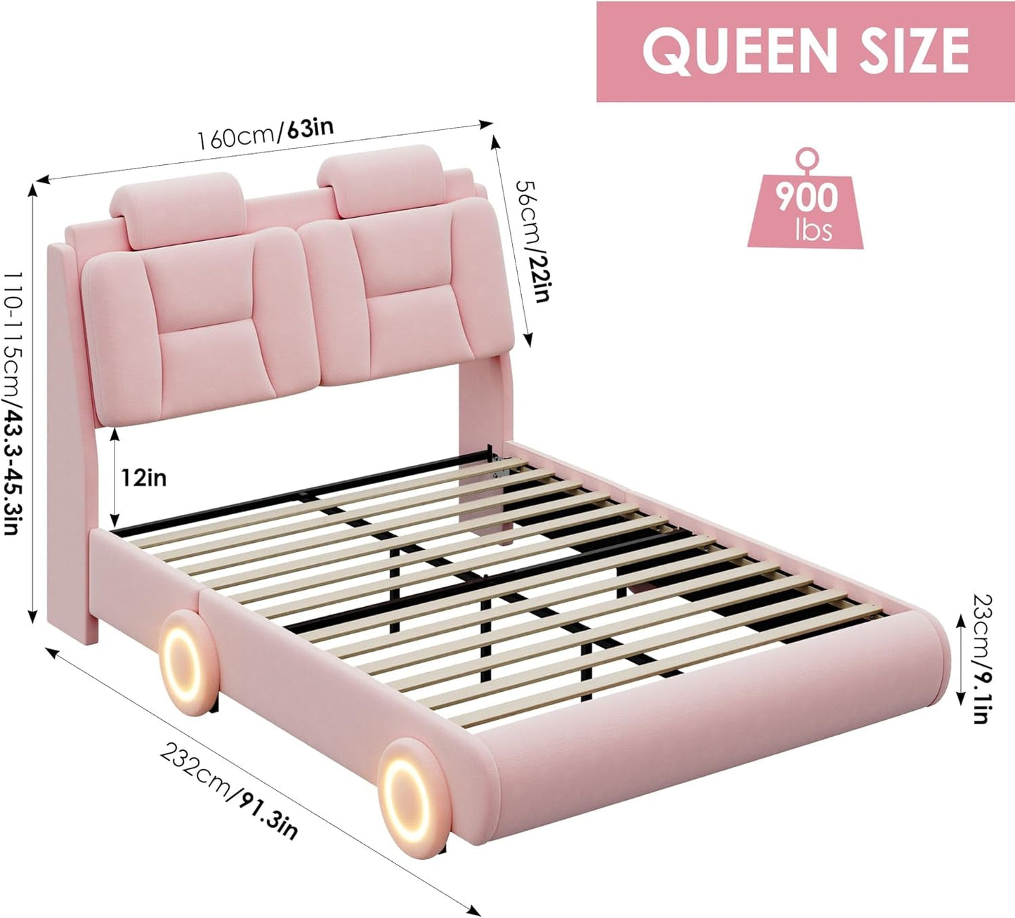 Queen Led Car Bed Frame with Wheels Decor & Adjustable Curved Headboard Modern Upholstered Platform Bed with Detachable Pillows Solid Wooden Slats Support No Box Spring Needed, Velvet Pink