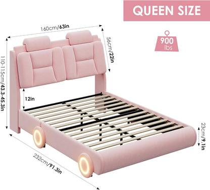 Queen Led Car Bed Frame with Wheels Decor & Adjustable Curved Headboard Modern Upholstered Platform Bed with Detachable Pillows Solid Wooden Slats Support No Box Spring Needed, Velvet Pink