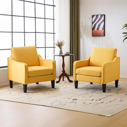 Accent Chairs Set of 2 Yellow Upholstered Linen Accent Chair for Living Room, Bedroom, Mid-Century Modern Arm Chair Comfy Reading Chair with Scooped Arms