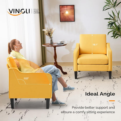 Accent Chairs Set of 2 Yellow Upholstered Linen Accent Chair for Living Room, Bedroom, Mid-Century Modern Arm Chair Comfy Reading Chair with Scooped Arms
