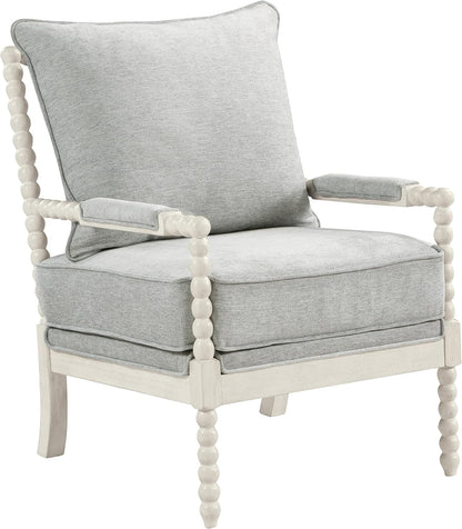 Kaylee Spindle Accent Chair with Antique White Wood Frame, Smoke Grey Fabric