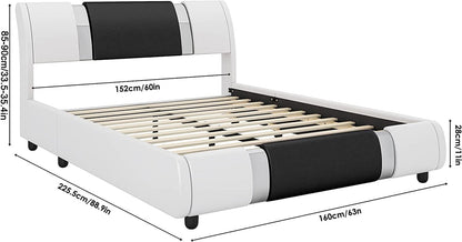 Modern Faux Leather Upholstered Platform Bed Frame with Mirror Metal Decoration Headboard, Curved Headboard, Wooden Slats Support, No Box Spring Needed, Queen Size, Whiteblack