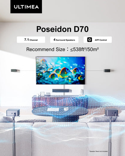 7.1Ch Soundbar with Wireless Subwoofer, Virtual Surround Sound System for TV, App Control, 410W Peak Power, Sound Bar for TV, 4 Wired Surround Speakers, Home Theater Sound System Poseidon D70