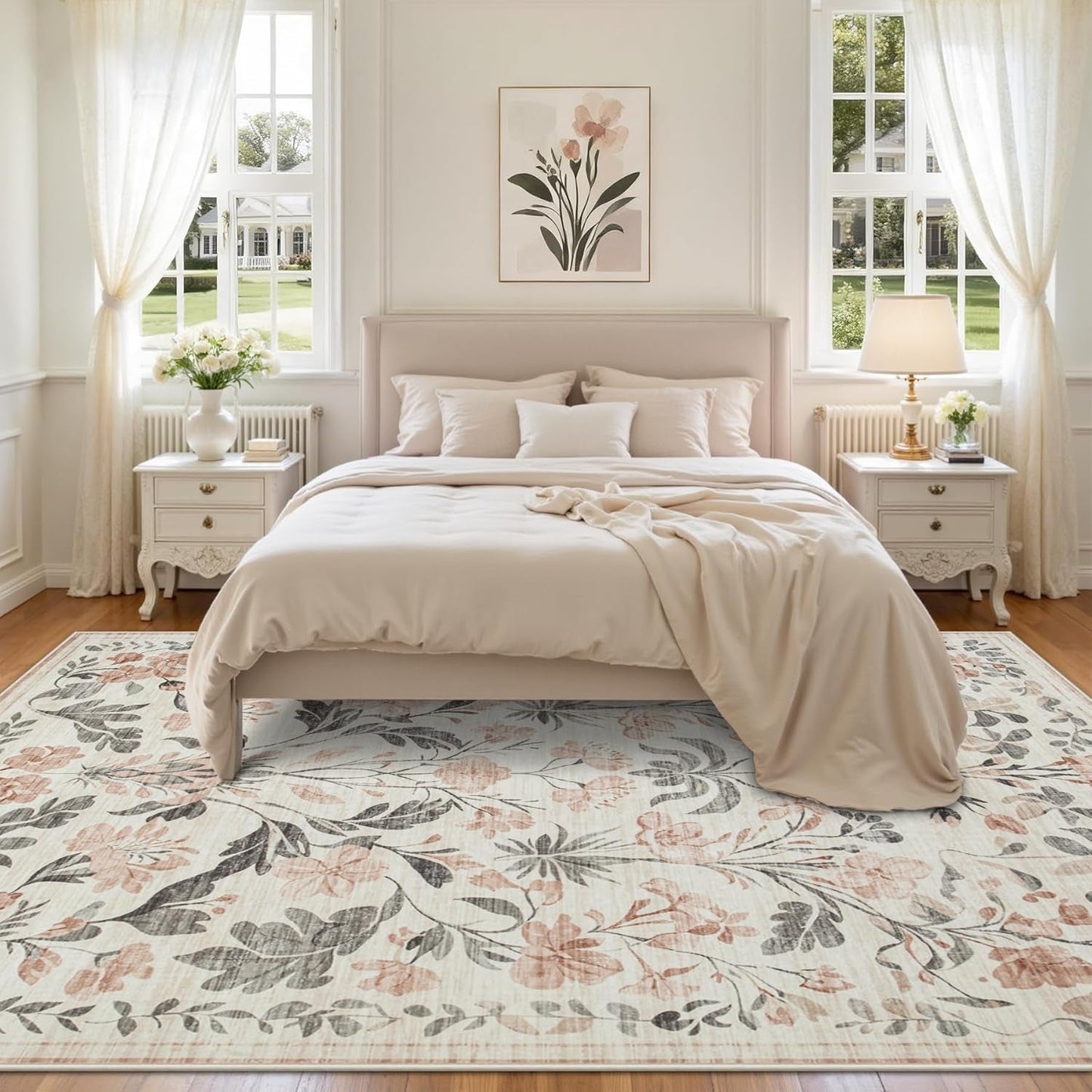 8X10 Area Rugs Washable Rug: Lagre Boho Living Room Rug Soft Non-Slip Thin Carpet Indoor Floor Non-Shedding Neutral Floral Carpets for Bedroom Dining Room Farmhouse Nursery Pink