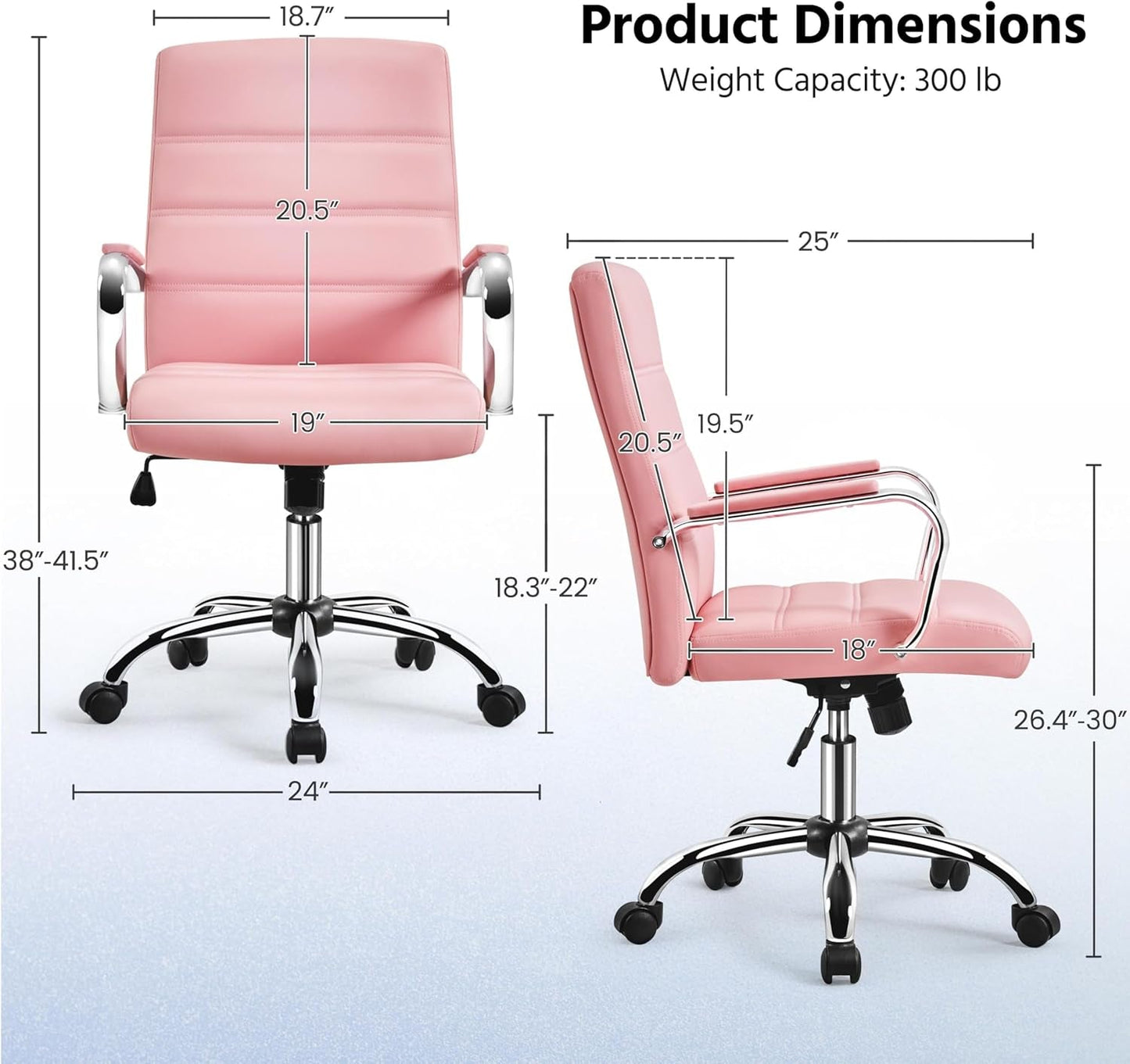 Mid-Back Office Chair with Arms Swivel PU Leather Height Adjustable Office Executive Chair, Pink