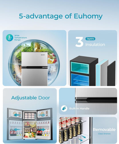 Mini Fridge with Freezer, 3.2 Cu.Ft Mini Refrigerator Fridge, 2 Door for Bedroom/Dorm/Office/Apartment - Food Storage or Cooling Drinks, Silver