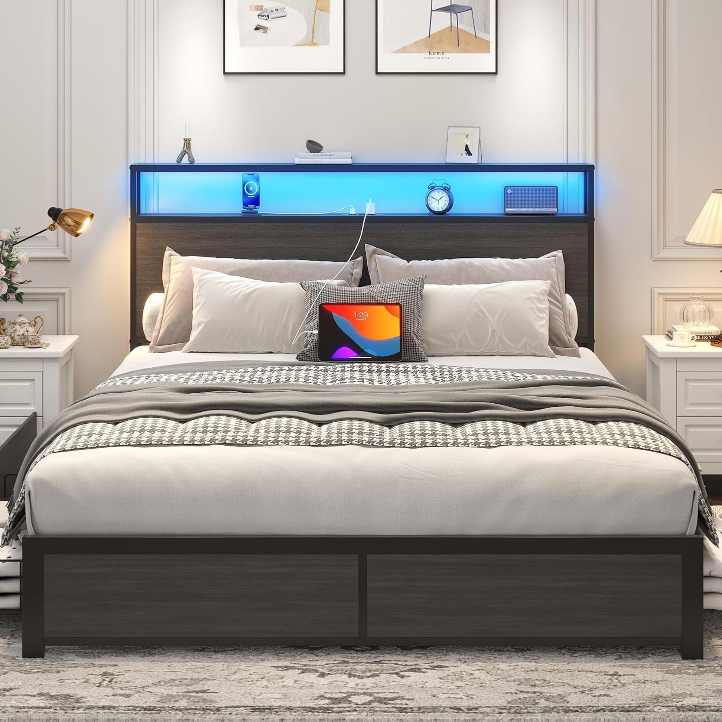 Queen Bed Frame with 2-Tier Storage Headboard, Metal Platform Bed Frame with 4 Storage Drawers, Built in Charging Station & LED, Noise-Free/Metal Support/No Box Spring Needed, Rustic Grey