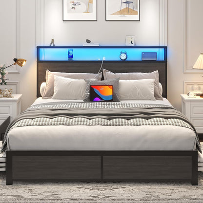 Queen Bed Frame with 2-Tier Storage Headboard, Metal Platform Bed Frame with 4 Storage Drawers, Built in Charging Station & LED, Noise-Free/Metal Support/No Box Spring Needed, Rustic Grey