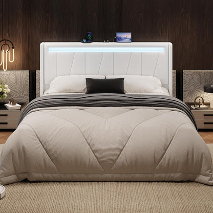Full Size Bed Frame with Charging Station and LED Lights, Modern Velvet Platform Bed with Upholstered Geometric Wingback Headboard, No Box Spring Needed, Easy Assembly, White
