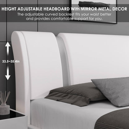 Modern Faux Leather Upholstered Platform Bed Frame with Mirror Metal Decoration Headboard, Curved Headboard, Wooden Slats Support, No Box Spring Needed, Queen Size, White