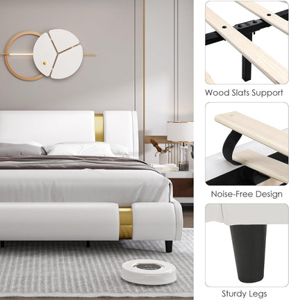 Modern Faux Leather Upholstered Platform Bed Frame with Golden Iron Metal Decor, Adjustable Curved Headboard, Wooden Slats Support, No Box Spring Needed, Queen Size, White