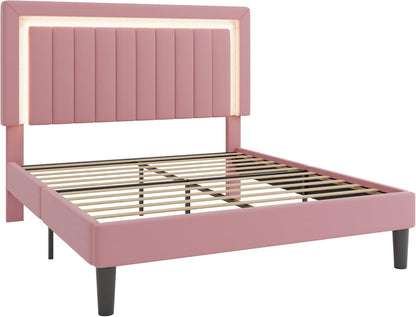 Queen Size Velvet Bed Frame with LED Light, Adjustable Vertical Channel Tufted Headboard, Strong Wooden Slats Support, Noise-Free, No Box Spring Needed, Pink