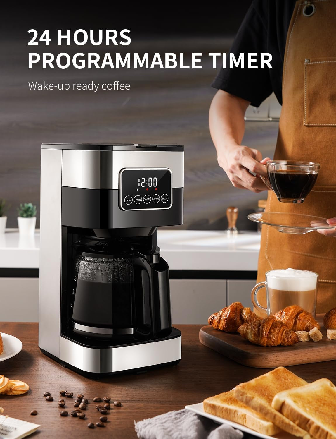 10-Cup Programmable Coffee Maker, Regular & Strong Brew Drip Coffee Machine for Home and Office, Auto Shut Off, Permanent Filter, Silver