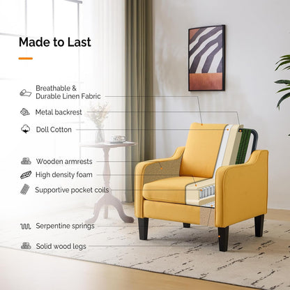Accent Chairs Set of 2 Yellow Upholstered Linen Accent Chair for Living Room, Bedroom, Mid-Century Modern Arm Chair Comfy Reading Chair with Scooped Arms