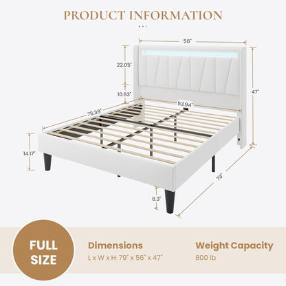 Full Size Bed Frame with Charging Station and LED Lights, Modern Velvet Platform Bed with Upholstered Geometric Wingback Headboard, No Box Spring Needed, Easy Assembly, White