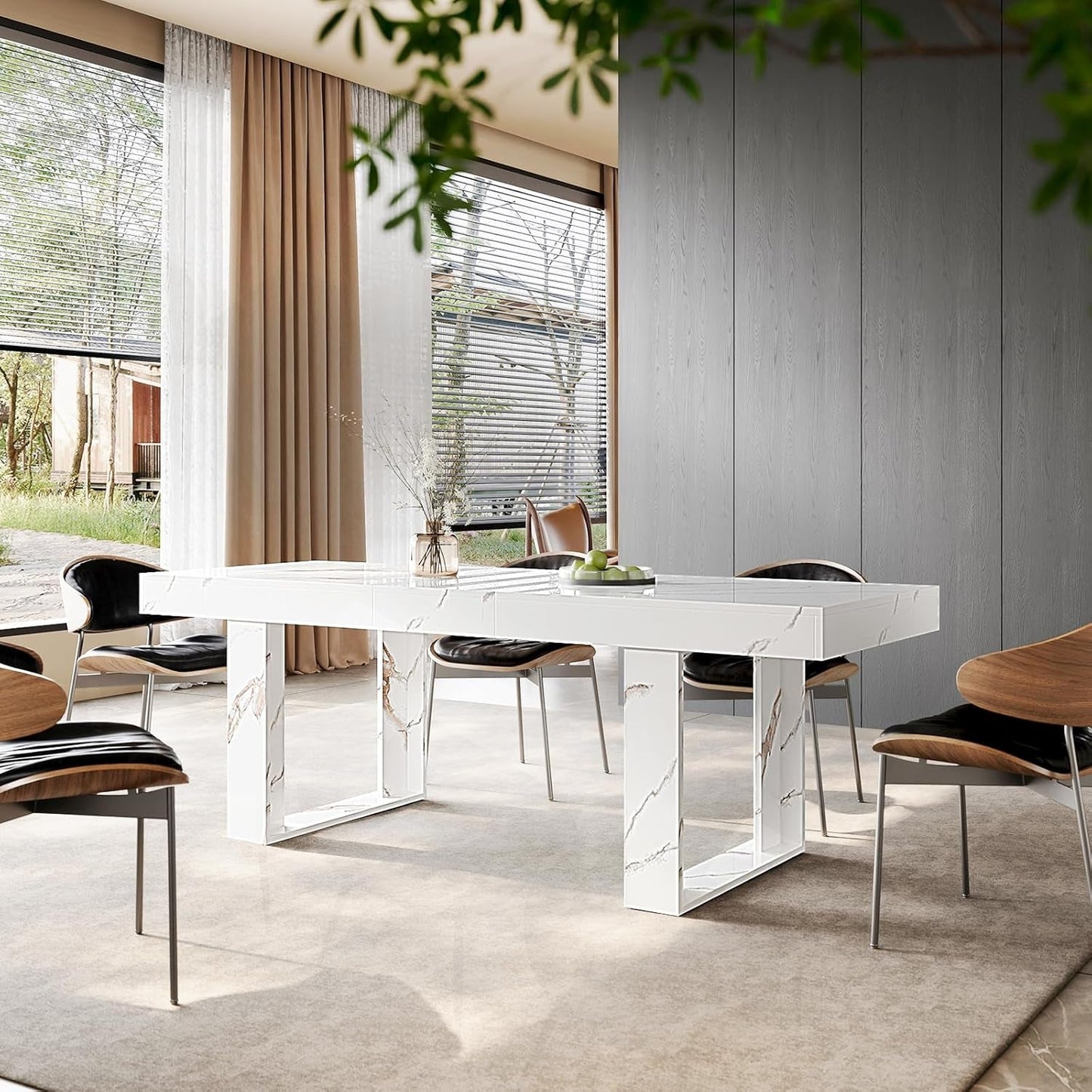 White Marble Extendable Dining Room Table for 8 10, 70.9" (86.6") X 31.5", Rectangle Dinner Table for 6-10, Modern Expandable Retractable Kitchen Table (White)