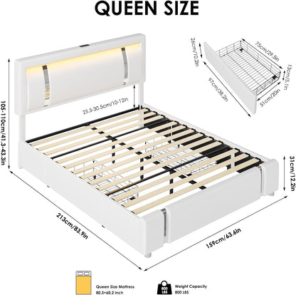 Queen Bed Frame with RGB LED Lights Headboard & 2 Storage Drawers, Modern Upholstered Faux Leather Smart Platform Iron Metal Decor, USB USB-C Charging Ports, No Box Spring Needed, White