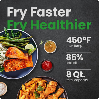Air Fryer 8 Qt | Turbofry® 4-In-1 with 450°F Hi-Fry Option for Crispier Results | Air Fry, Bake, Dehydrate, Frozen | XL Nonstick Dishwasher-Safe Basket | Stainless Steel